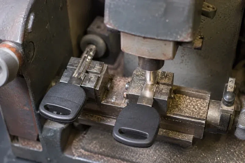Two black-headed keys clamped in a bench machine, one beneath a vertical cutter, with metal shavings around the clamps. — Spare Car Key Duplication, Whitchurch-Stouffville