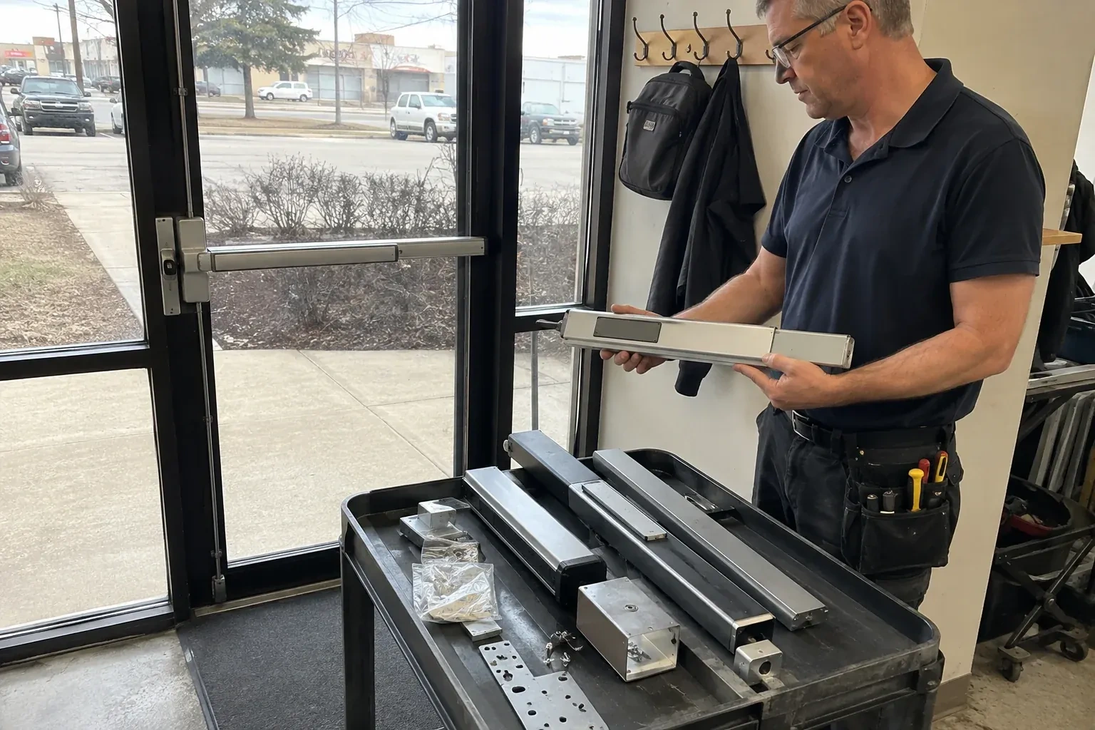 Person holding a long metal door-hardware assembly beside a cart of similar parts and a glass door fitted with a push bar. — Panic & Exit Hardware, Whitchurch-Stouffville