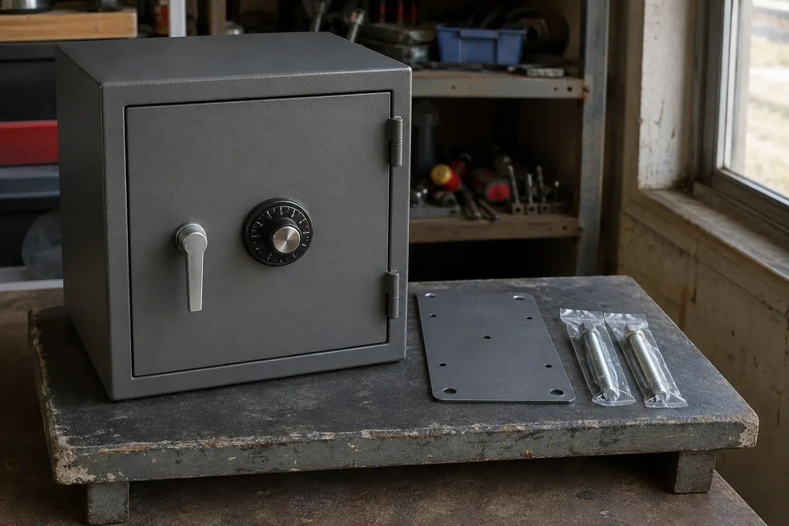 Closed small safe beside a metal plate and packaged fasteners on a workshop bench. — Safe Installation & Servicing, Whitchurch-Stouffville
