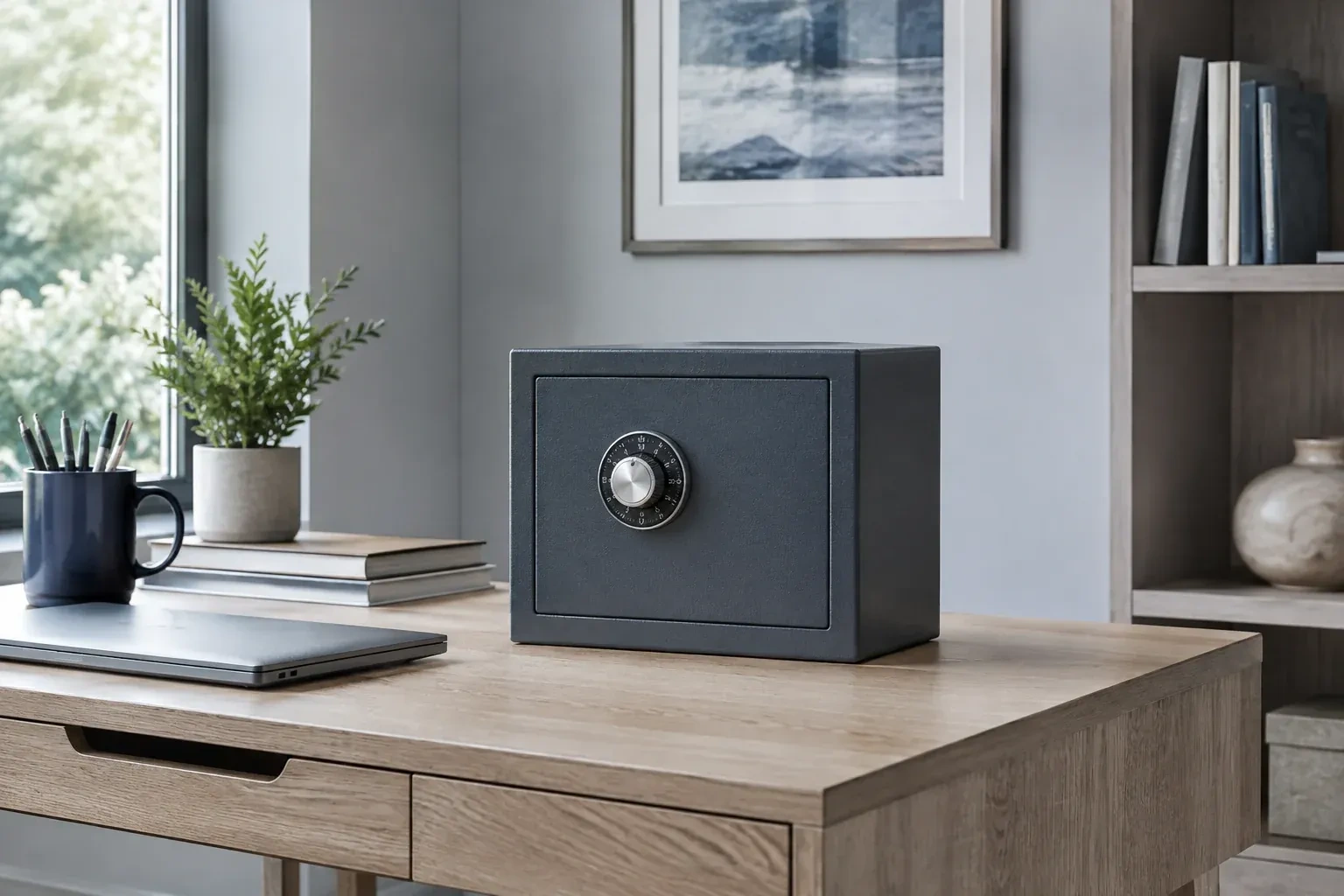 Small dark safe with a combination dial on a wooden desk beside a closed laptop and books. — Safe Opening & Combination Change, Whitchurch-Stouffville