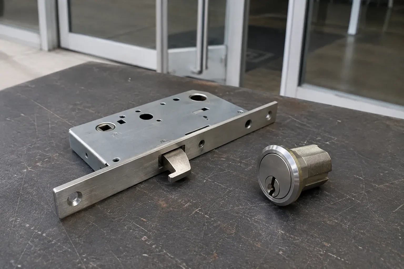 Detached mortise lock body with a projecting hook-shaped bolt beside a threaded cylinder. — Commercial-Grade Lock Replacement, Whitchurch-Stouffville