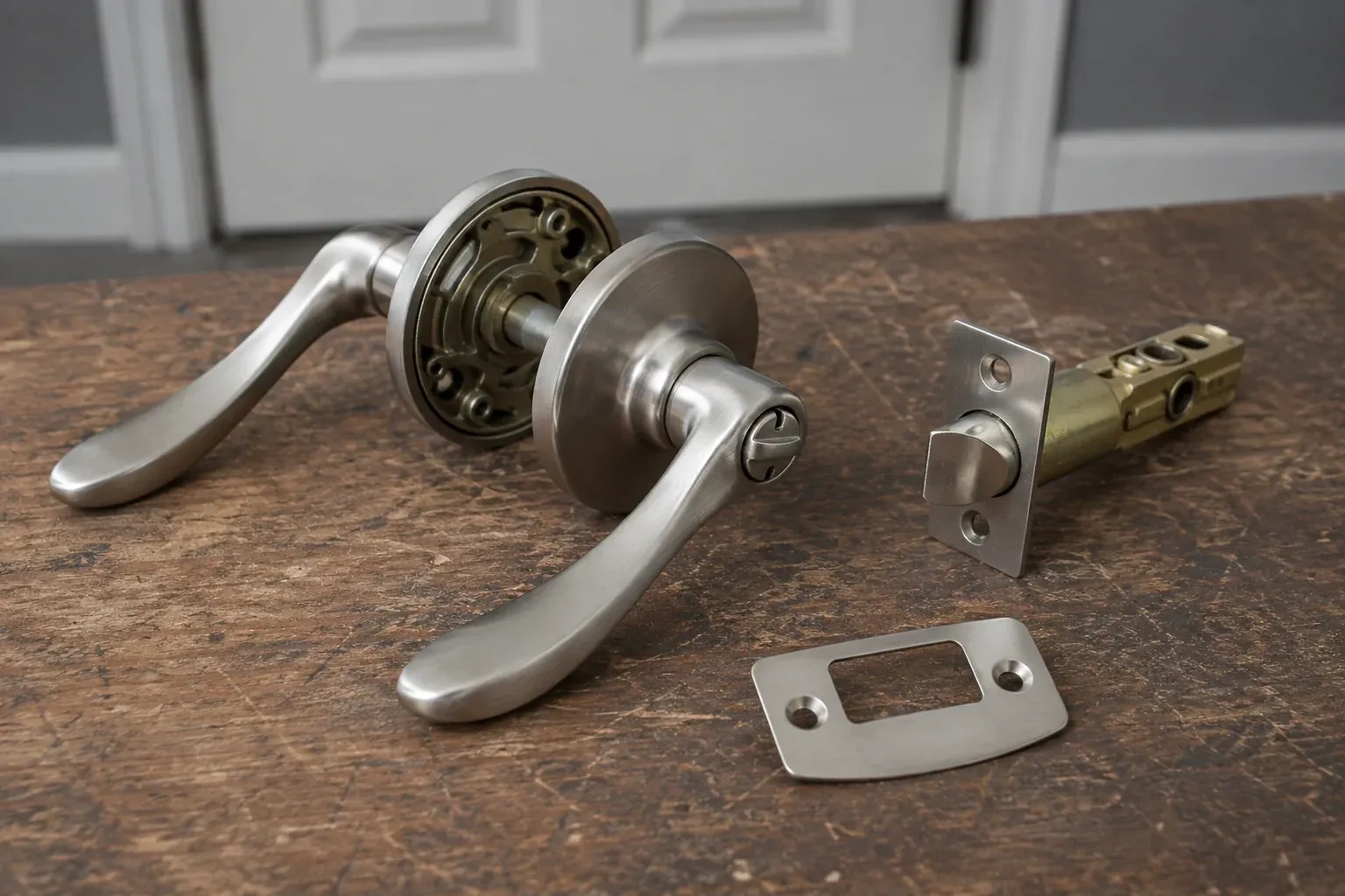 Detached satin-nickel lever hardware, tubular latch and strike plate on a wooden workbench. — Lock Replacement & Upgrade, Whitchurch-Stouffville