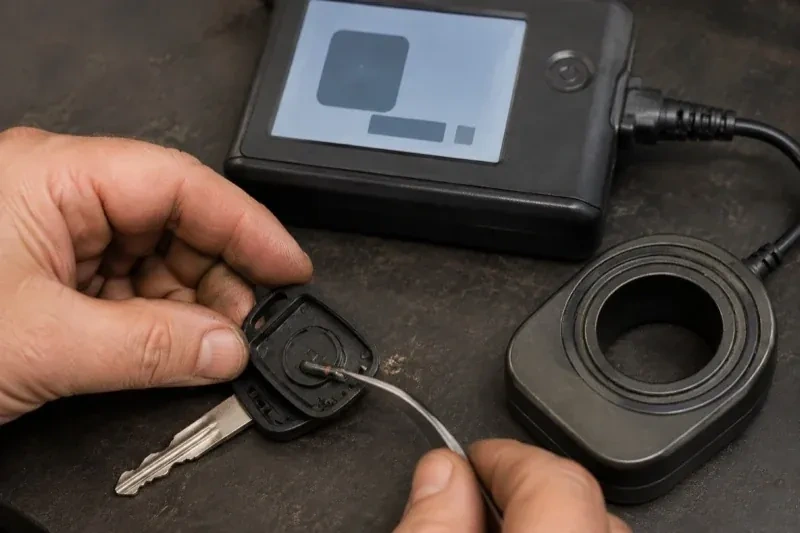 Hands using tweezers at an opened car-key head beside a small electronic unit and a ring-shaped accessory. — Transponder Key Programming, Whitchurch-Stouffville