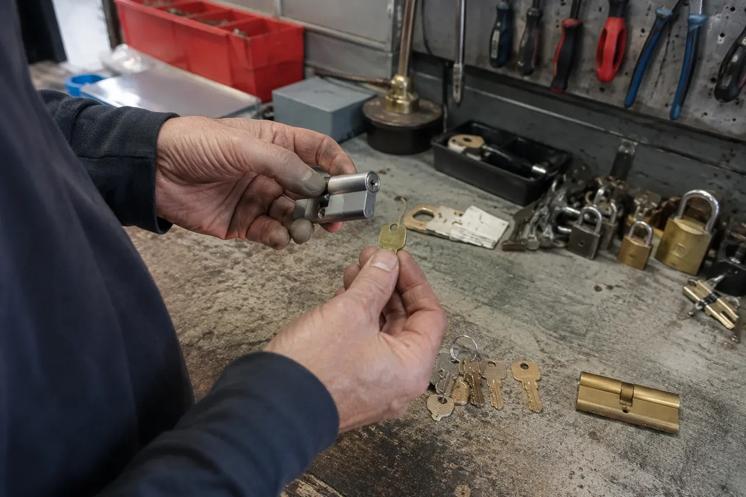 Hands holding a silver-colored lock cylinder and a brass-colored key above a workbench with padlocks, keys and tools. — Master Key System Design, Whitchurch-Stouffville