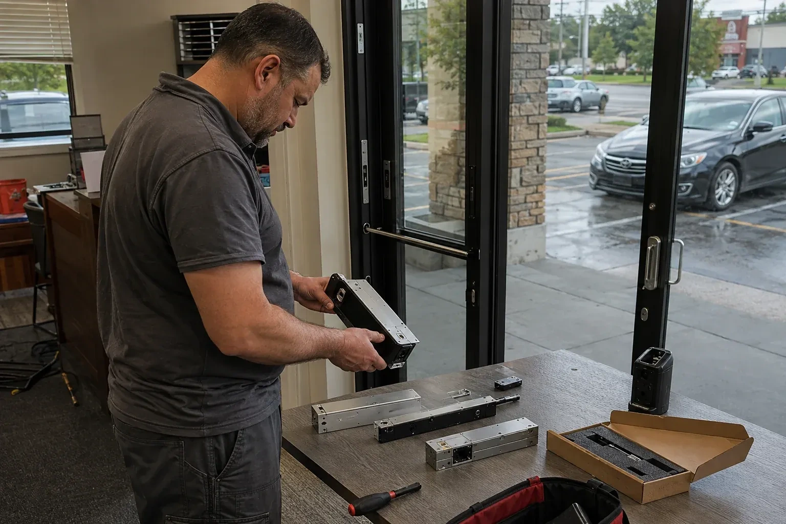 Person holding a rectangular door-hardware housing at a table with additional metal assemblies beside a glass entrance. — Access Control Installation, Whitchurch-Stouffville