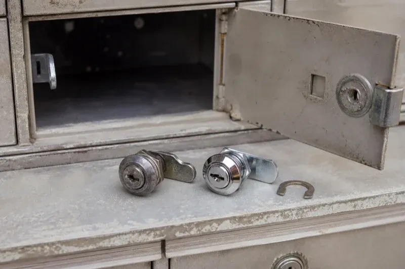 Two loose cam locks and a retaining clip resting below an open metal mailbox compartment. — Mailbox Lock Replacement, Whitchurch-Stouffville