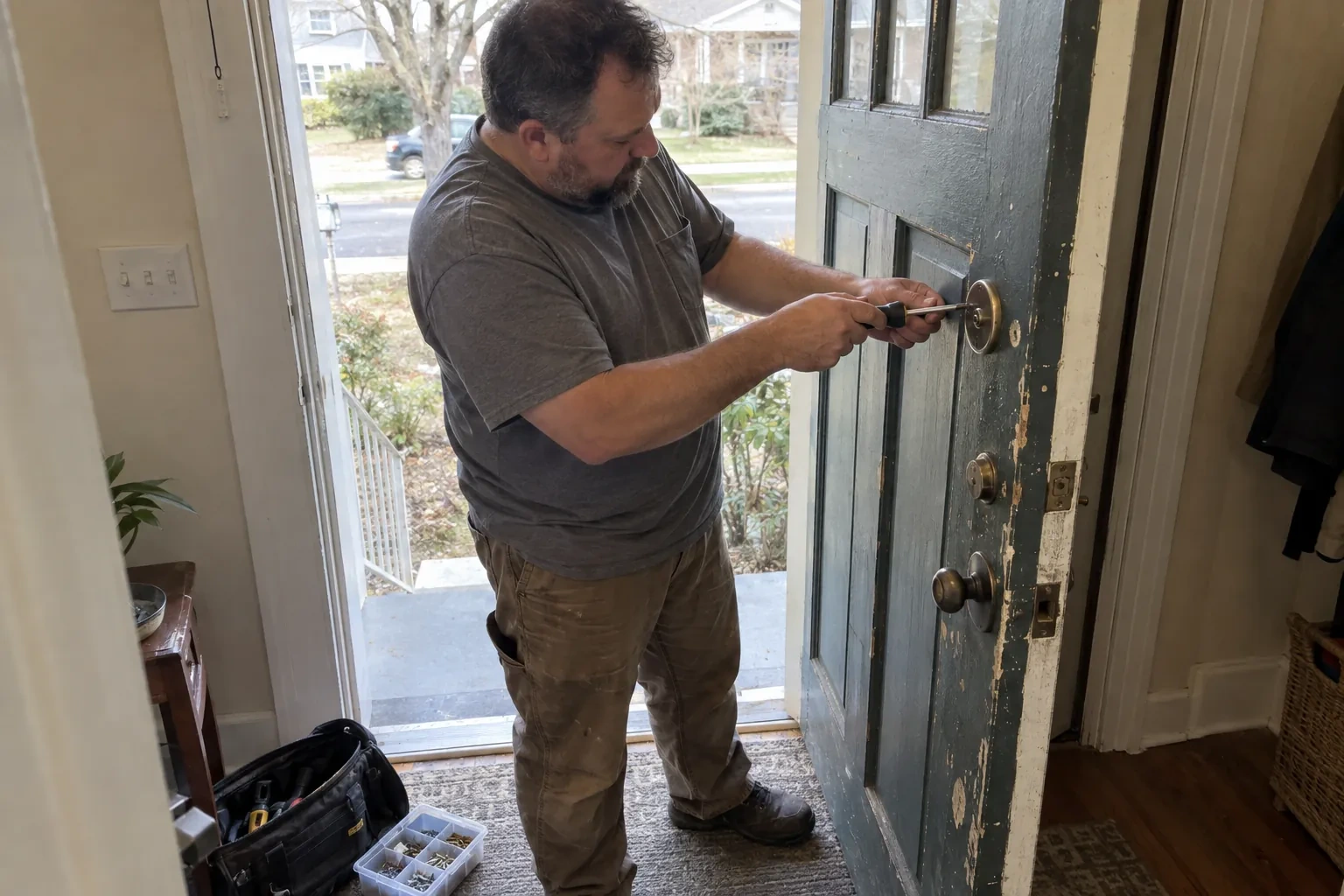 Technician using a screwdriver on the deadbolt of an open blue-gray front door, with a tool bag and screw tray nearby. — Deadbolt Installation, Whitchurch-Stouffville