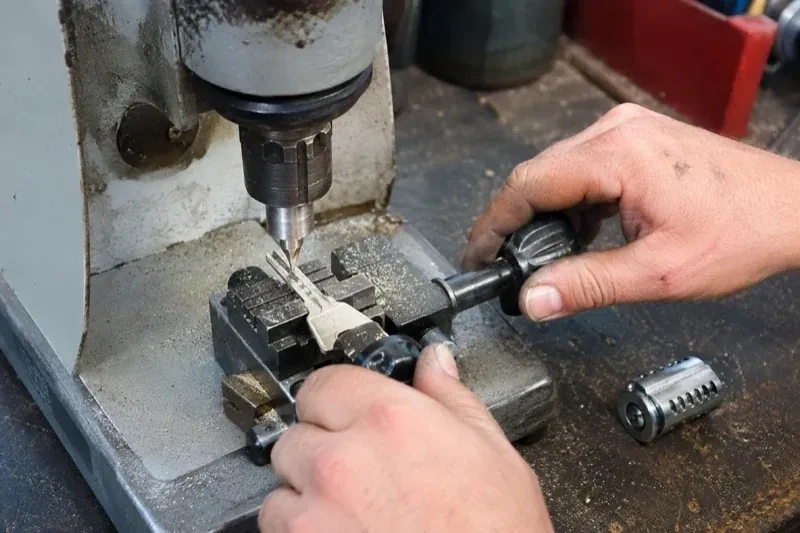 Hands operating a bench-mounted machine with a key clamped beneath a vertical cutter and a loose lock cylinder nearby. — Car Key Replacement, Whitchurch-Stouffville