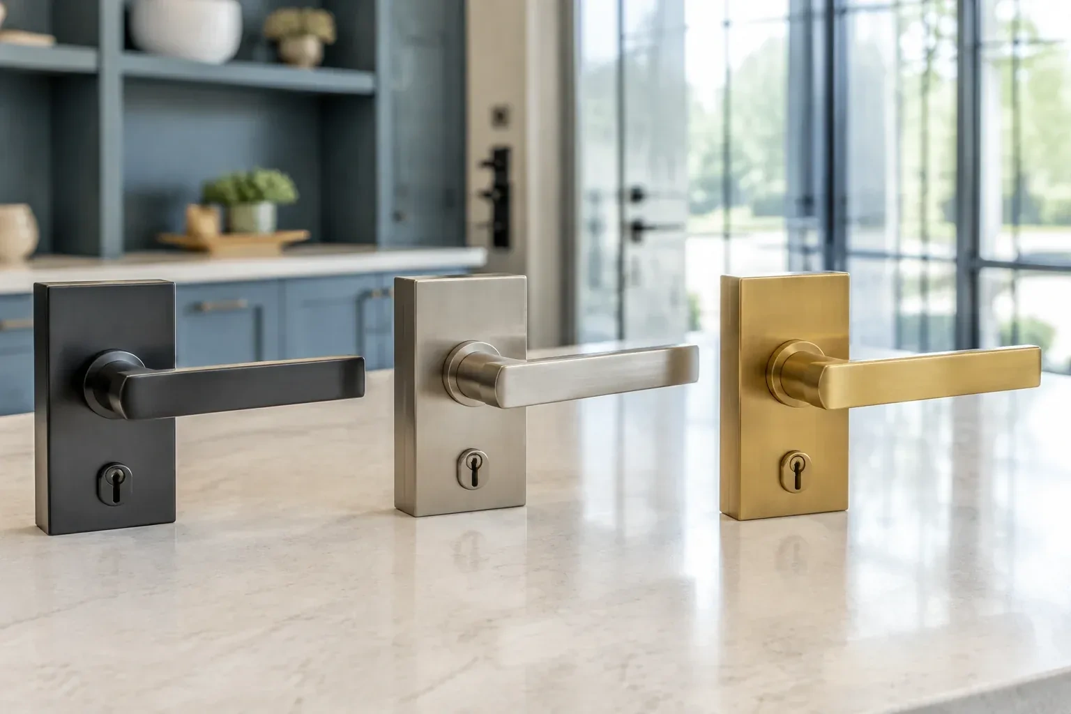 Three rectangular door-handle sets with keyholes in black, silver-colored and gold-colored finishes standing on a countertop. — Commercial Rekeying, Whitchurch-Stouffville