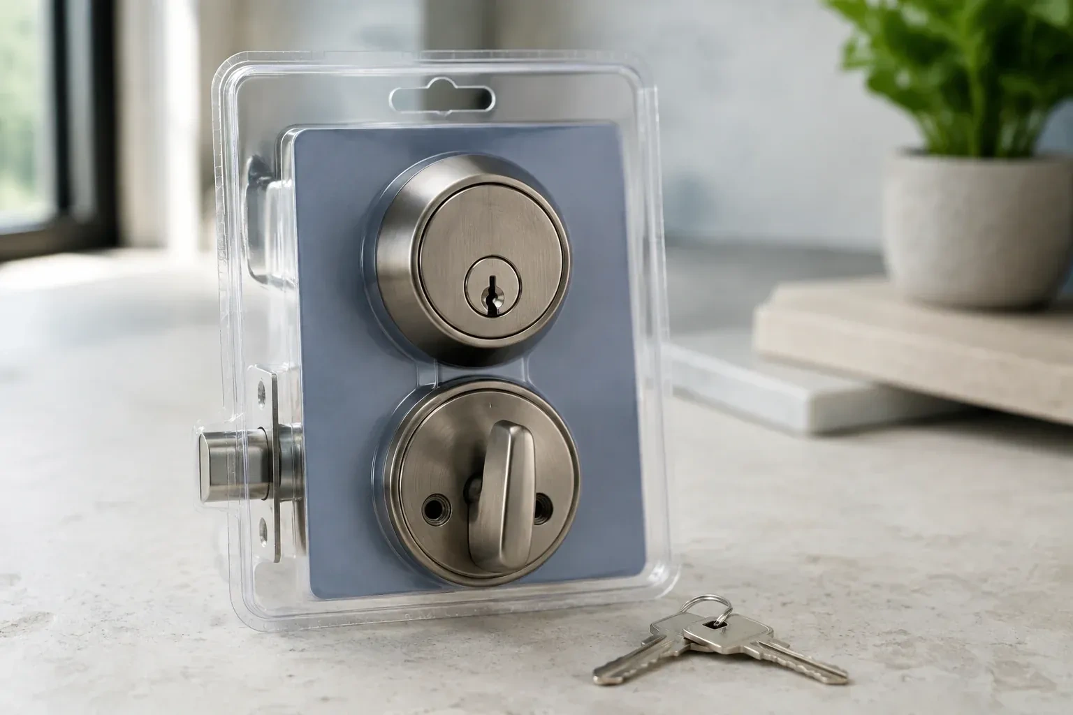 A silver-colored deadbolt set in clear packaging with two keys resting on the countertop in front. — Lock Rekeying, Whitchurch-Stouffville