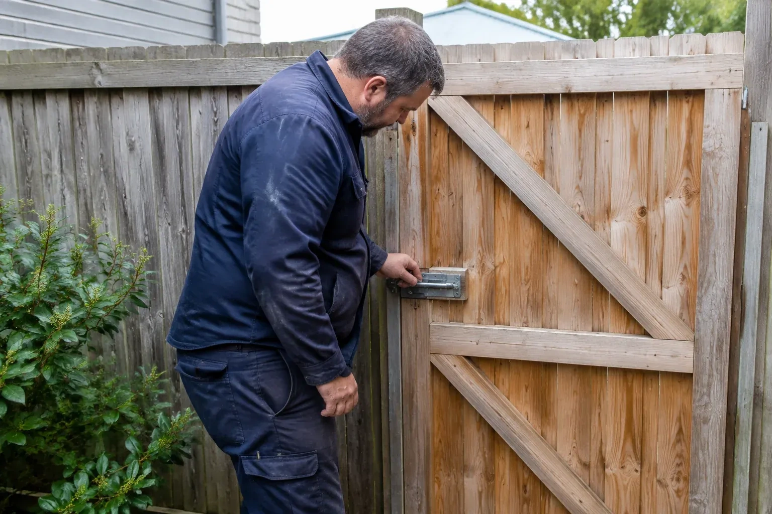 Person touching the sliding metal bolt on a wooden garden gate. — Gate & Building Entry Locks, Whitchurch-Stouffville