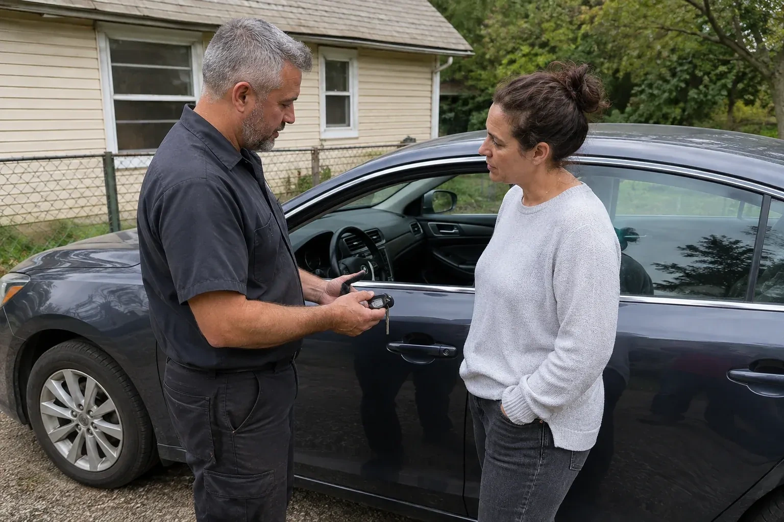 Two people standing beside a car with its window lowered, one holding a key and black key fob. — Ignition Lock Repair, Whitchurch-Stouffville