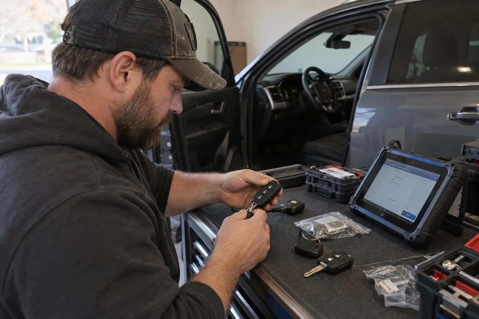 Technician in a cap holding a car key fob beside an open vehicle, with a tablet and key parts on a bench.
