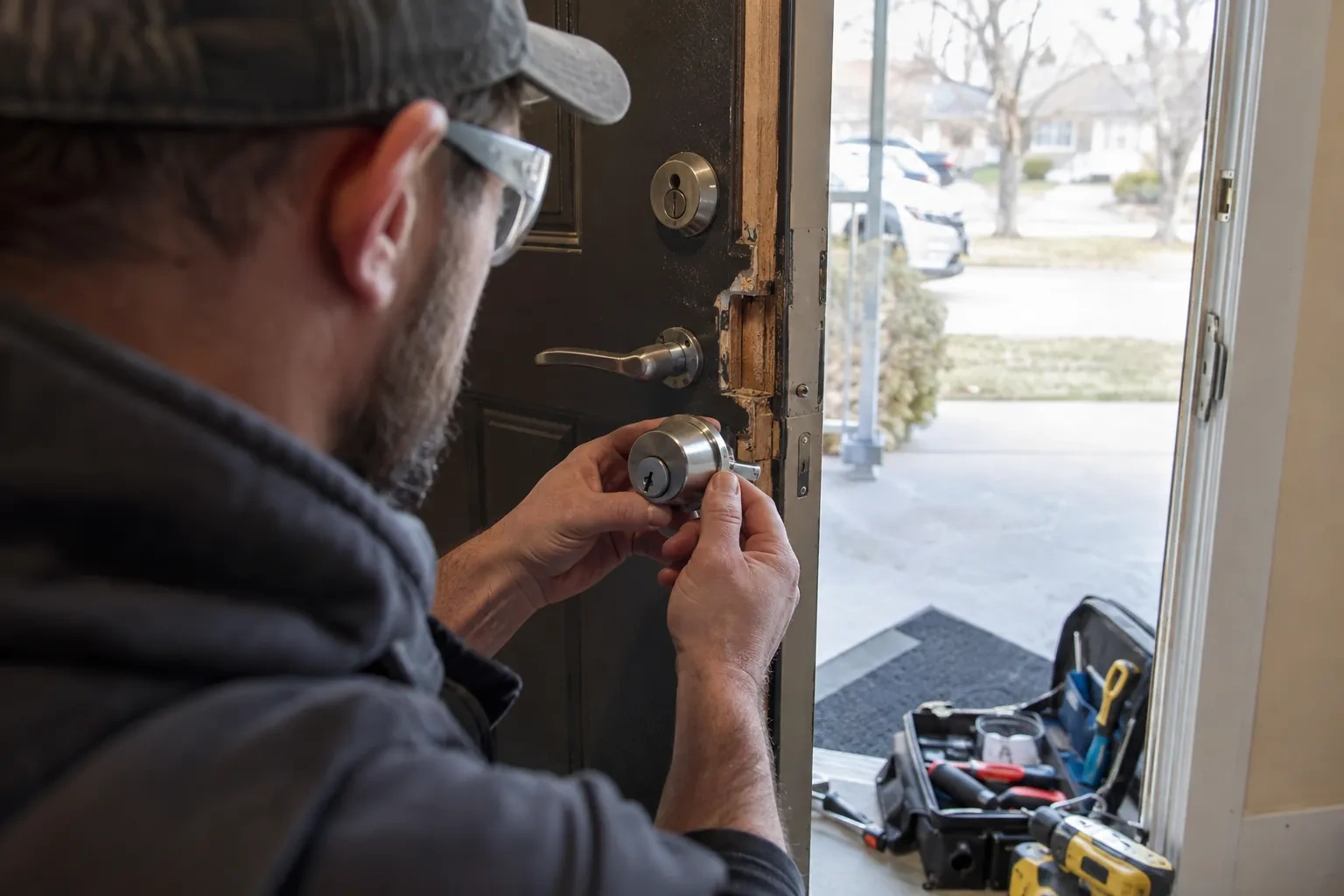 Technician in safety glasses holding a steel deadbolt with a keyway beside a splintered door edge and a tool case.