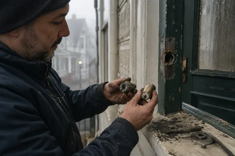 Person holding two lock cylinders beside an open painted door, with loose hardware and debris on the sill. — Seized & Jammed Lock Opening, Whitchurch-Stouffville
