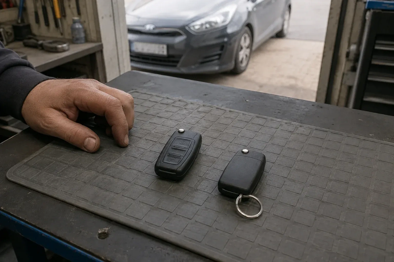 Two vehicle remote fobs on a work mat beside a technician’s hand, with a parked car beyond. — Key Fob Programming, Whitchurch-Stouffville